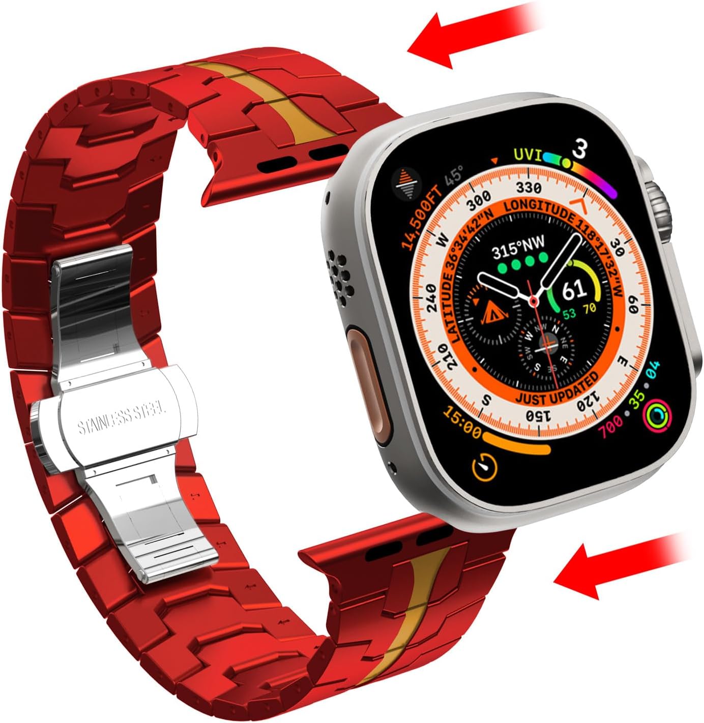 WINGLE Stainless Steel Bands for Apple Watch Band Ultra 3/2/1 Band Ultra 49mm Series 11 10 46mm 45mm 44mm 42mm SE 3/2/1 Series 9 8 7 6 5 4 3 2 Men, Classy Business Rugged Metal iWatch Bands, Red/Gold - Image 9