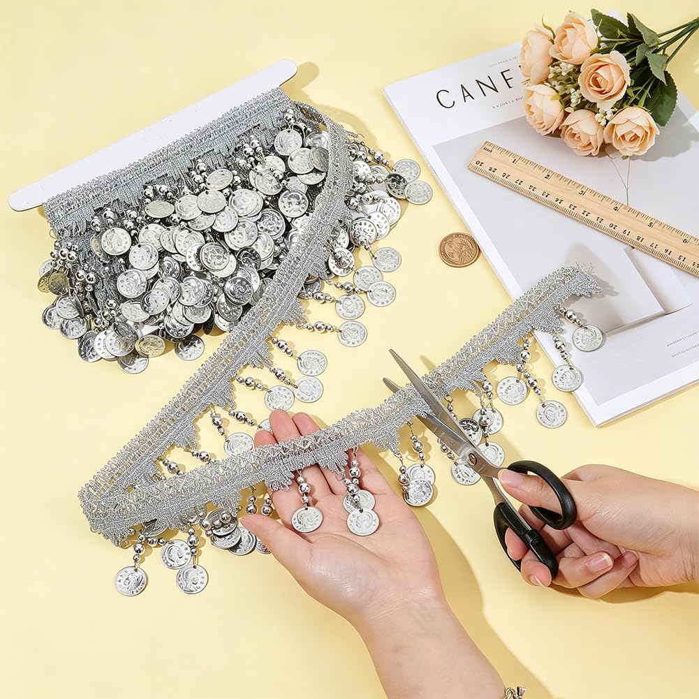BENECREAT 4.9Yard Silver Coin Shape Sequin Tassel Trim, 3.46Inch Width Polyester Sequin Lace Tassel Fringe Trim for Sewing Making Clothes Dresses Dance Craft Costume Party Accessory