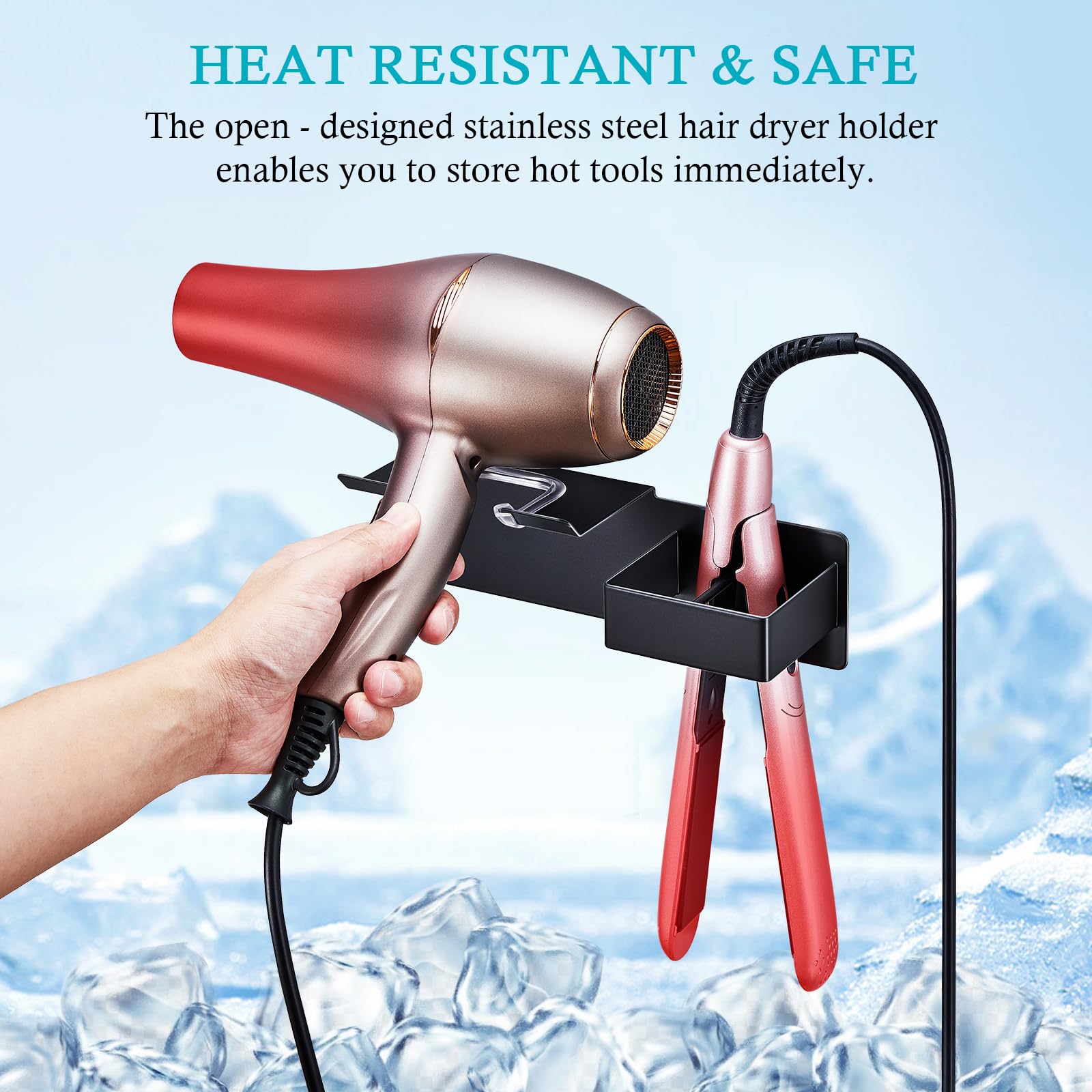 Supporto da parete per asciugacapelli, organizer adesivo per asciugacapelli e piastra per capelli, in acciaio inox, porta asciugacapelli da bagno (nero)