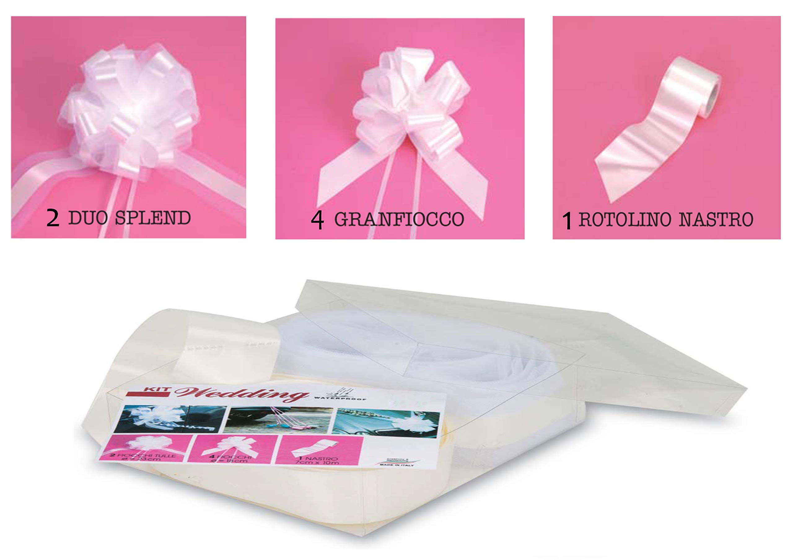 BOLIS Kit COCCARDE Bianco | Decorazione Auto Matrimonio |Fiocchi Auto | Ideale per Auto CASA Nozze Battesimo Laurea Comunione Gran Fiocco