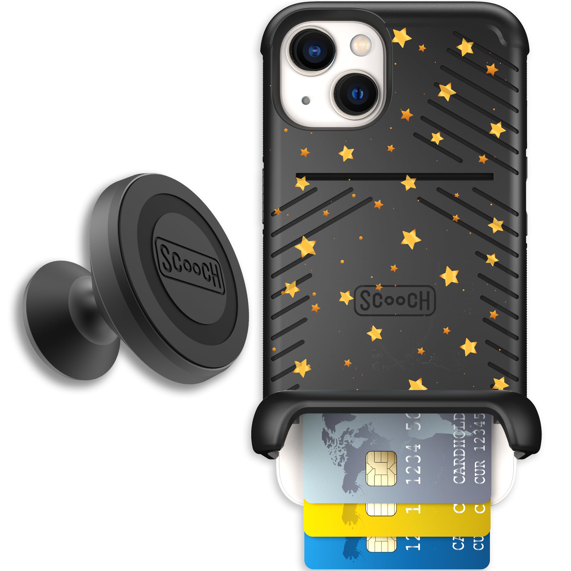 Scooch for iPhone 13 Case with Card Holder, Wingmate Wallet Case with Hidden Card Slot and RFID Protection, Starter Bundle with Wingmount, Gold Stars