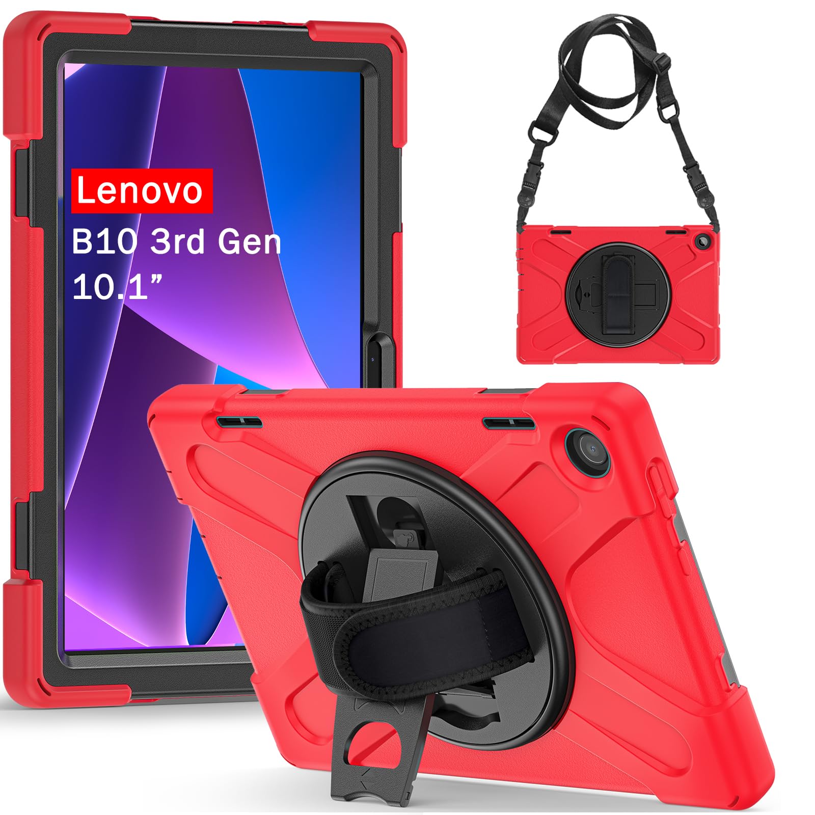Portable Electronic Device Cover for Lenovo Tab M10 3rd Gen 10.1 inch 2022, Heavy Duty Rugged Case with Hand Strap Kickstand Shoulder Belt, Red