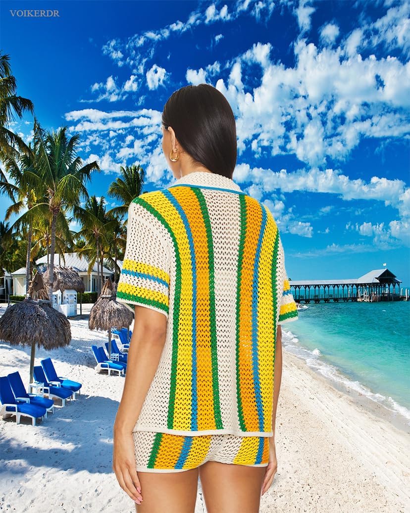 VOIKERDR Crochet Two Piece Short Set for Women Hollow Out Striped Shirt and Shorts Sexy Summer Outfits - Image 4