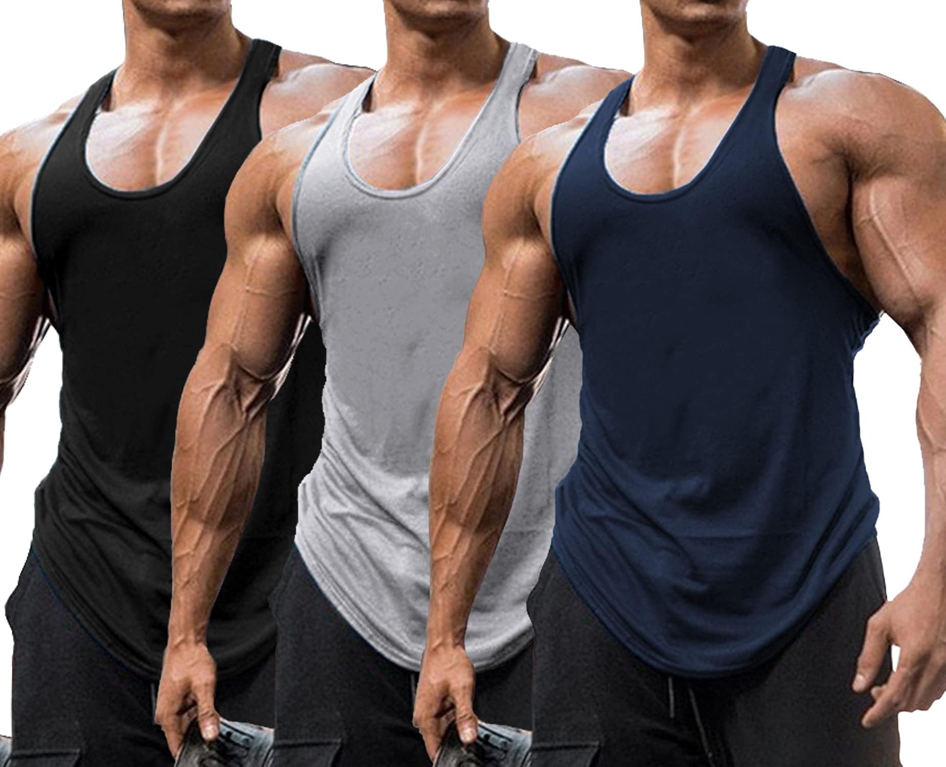 Men's 3 Pack Gym Workout Tank Tops Y-Back Muscle Tee Stringer Bodybuilding Sleeveless T-Shirts