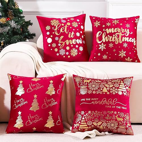 Miniatura 2 de Juego de 4 fundas de almohada navideñas rojas y doradas de 18 x 18 pulgadas, decoración navideña dorada y roja, almohadas de 18 x 18 pulgadas para