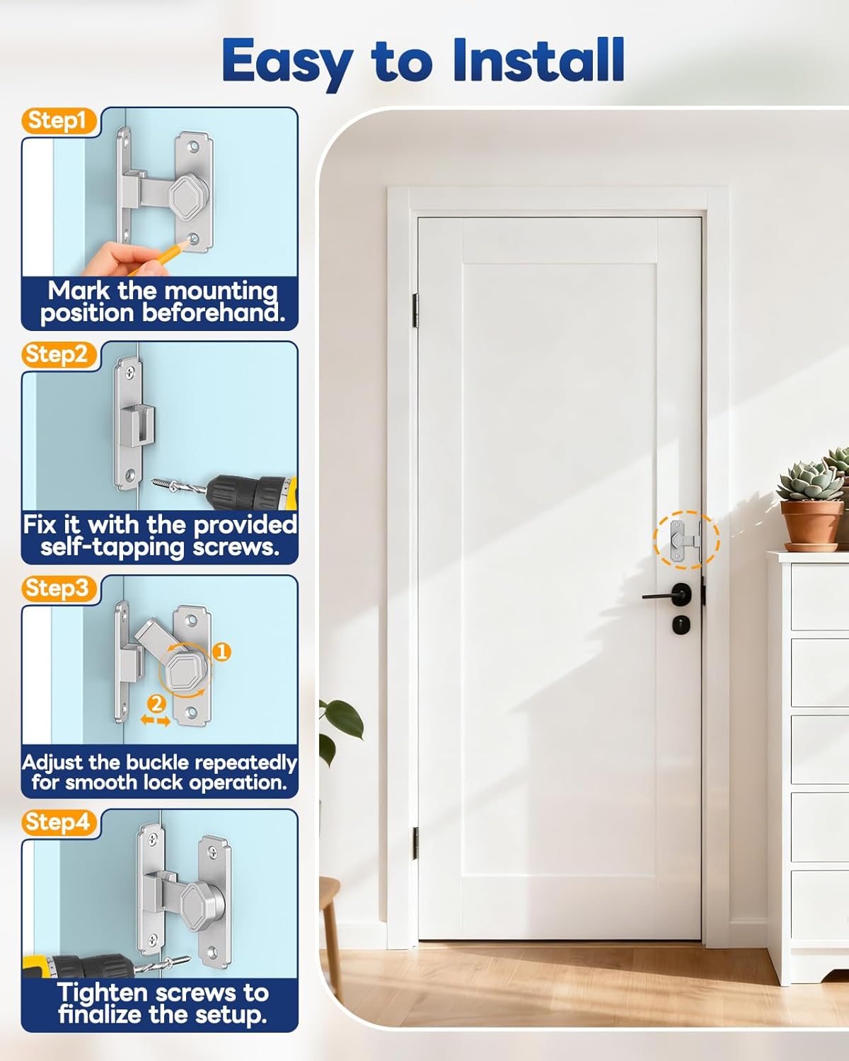 90 Degree Barn Door Lock, Sturdy Aluminum Alloy Sliding Door Lock, Home Security Gate Latch Fit for Barn, Bathroom, Garden, Fence (Silver-4 Pcs)