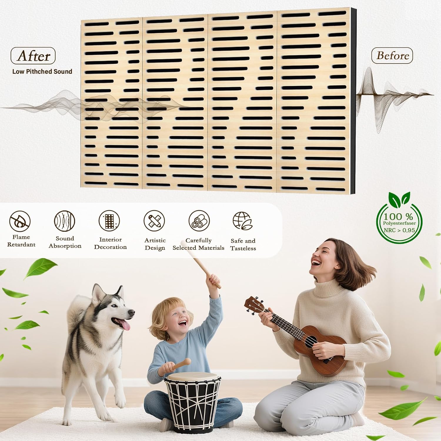 4Pack Acoustic Wall Panel Self-Adhesive Soundproof Foam Panels for Wall, 3D Perforated Tri-Layer Polyester Fiber Decorative Acoustic Insulation for Recording Studio, Office, 24×12×1.78", Regular-Line