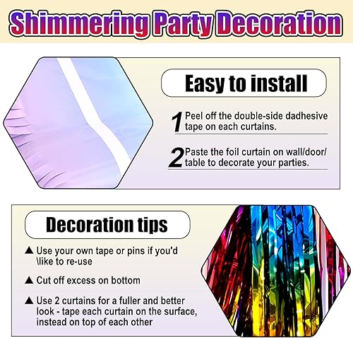 Miniatura 3 de Paquete de 3 cortinas de flecos de papel de aluminio arcoíris, 3.28 pies x 8.2 pies, cortinas metálicas de oropel con flecos para cabina de fotos,