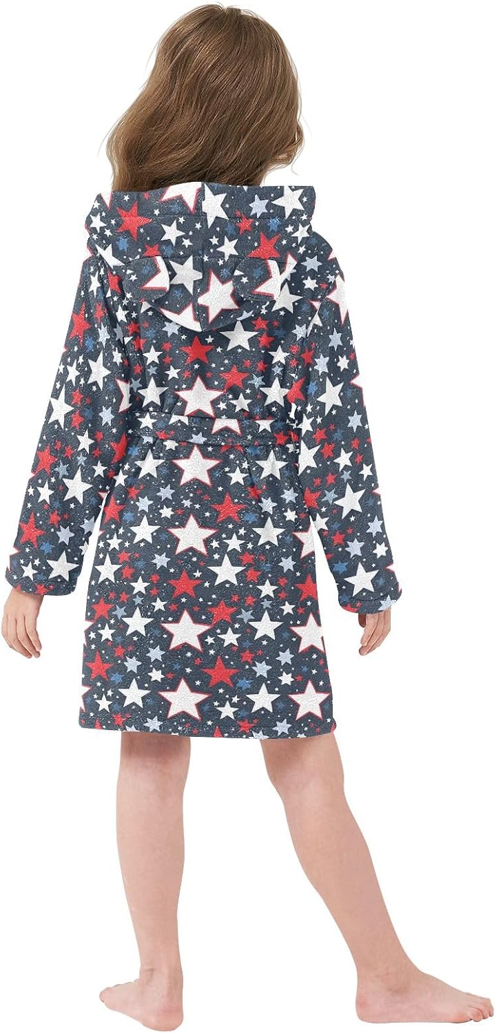 Cartoon Red Blue Stars Toddler Hooded Bathrobe for Boys Girls Soft Plush Bath Towel Robe 2-12 Years