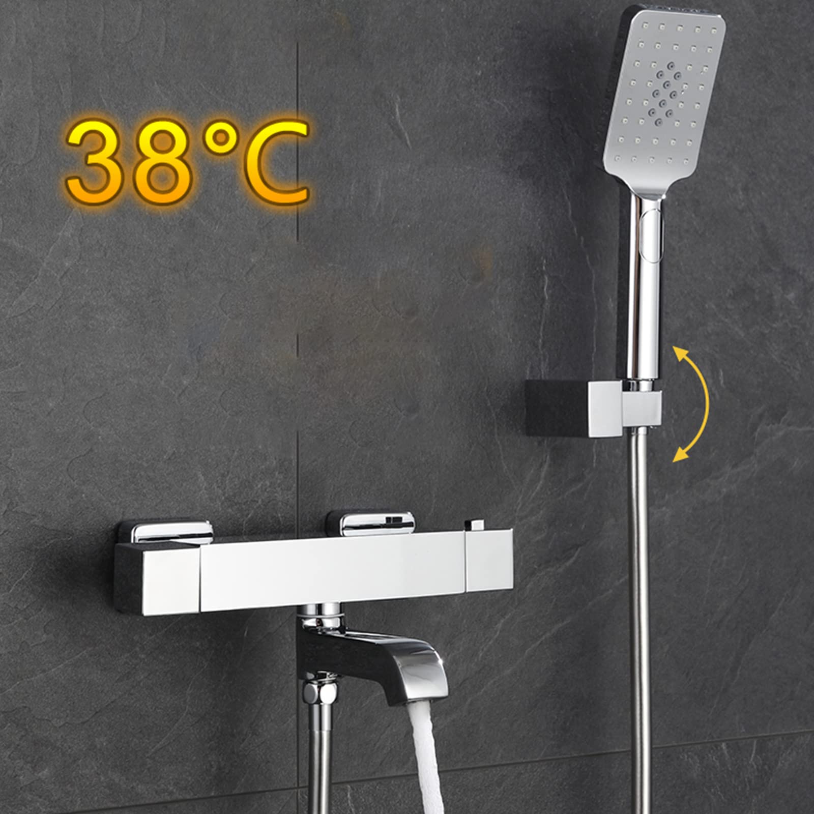 Bateria wannowa Termostatyczna bateria wannowa Bateria ścienna do wanny Prysznic ręczny z 3 funkcjami Mosiężny wylewka wannowa z blokadą bezpieczeństwa 38°C,