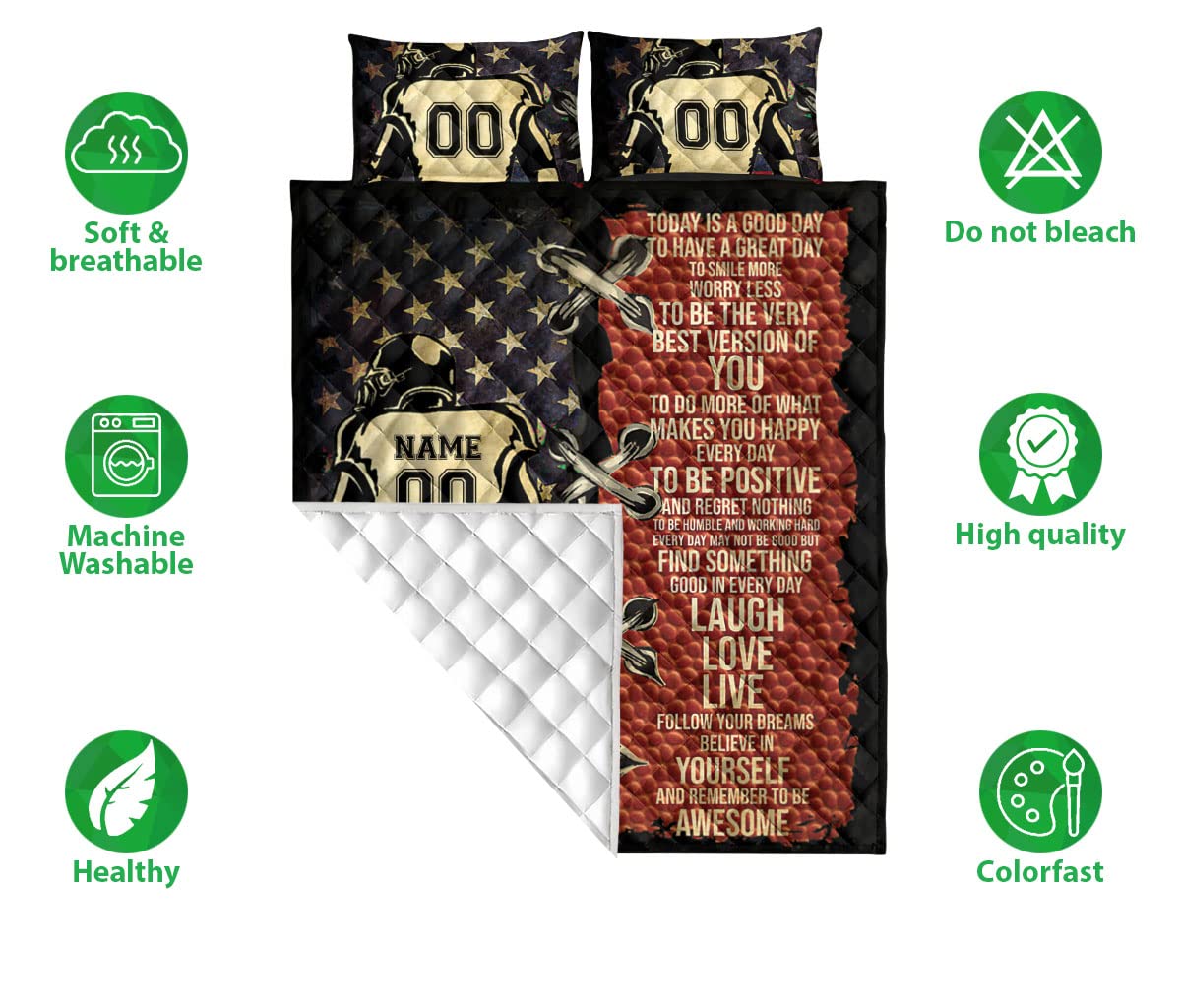 OhaPrints Custom Football Boy Us Flag Player Fan Gift Motivate Personalized Name Number Quilt Blanket & Pillowcases, Bedding Set & Pillow Cover, King Queen Double Twin Throw Full Size Bedspread Bed