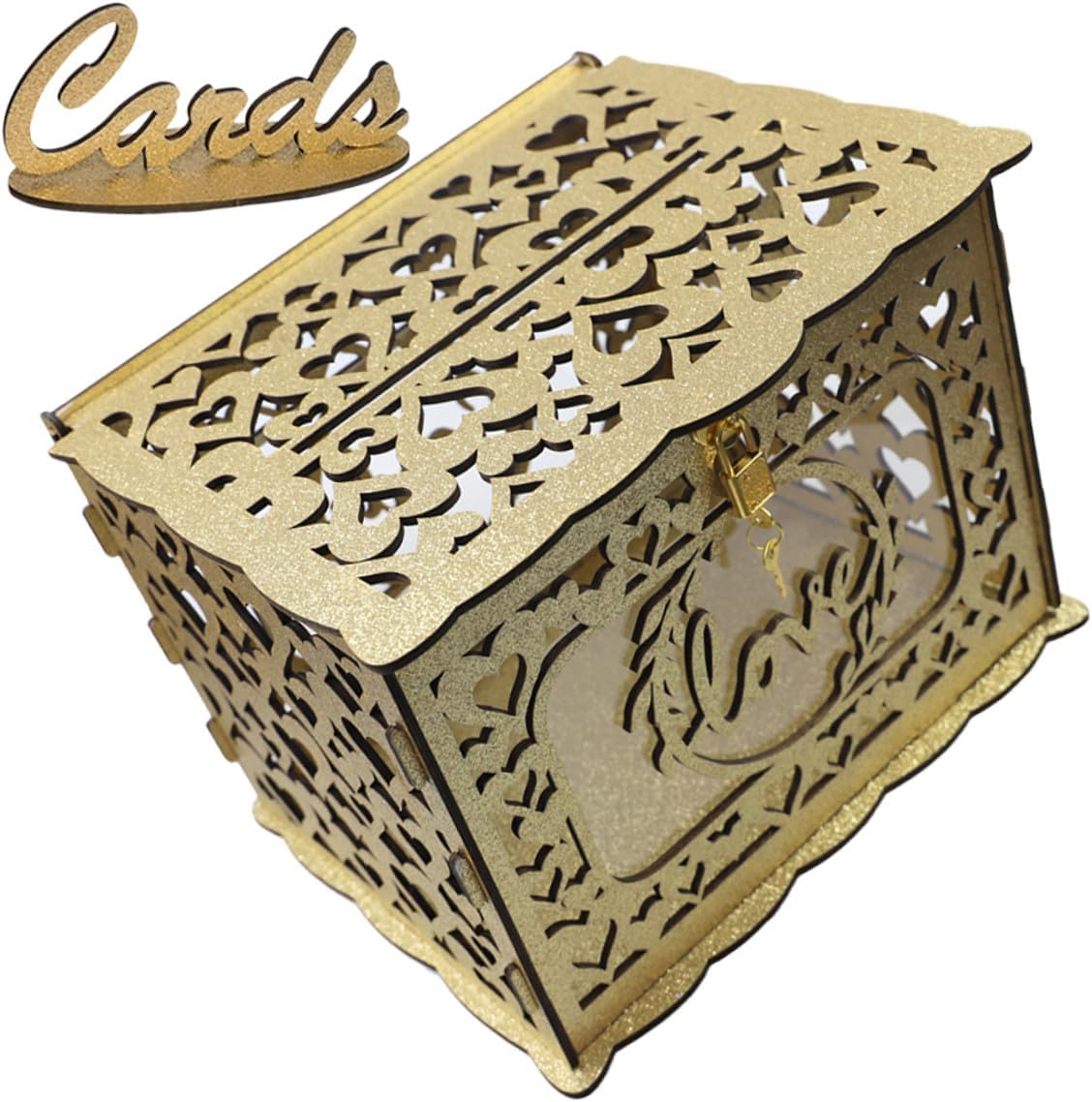 Hollow Wooden Wedding Card Holder Box Glitter Finish Greeting Card Container Anniversary Envelope Collector Decorative Storage for Party Events