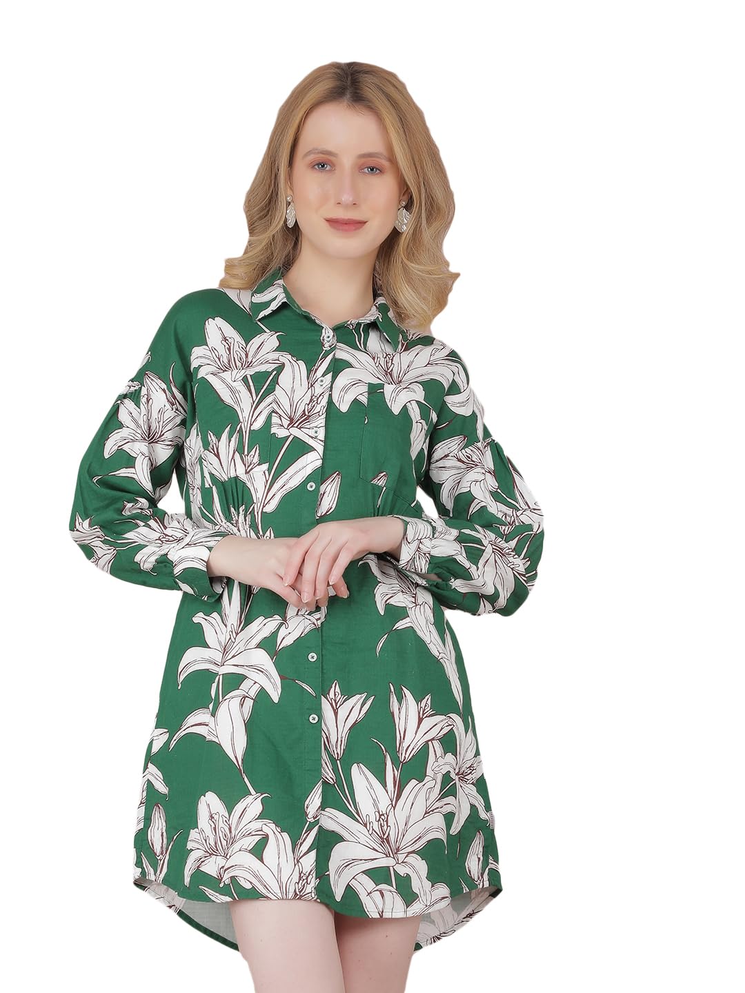 Crimsoune Club Women's Green Floral Print 100% Cotton Mini Shirt Dress-picture-14