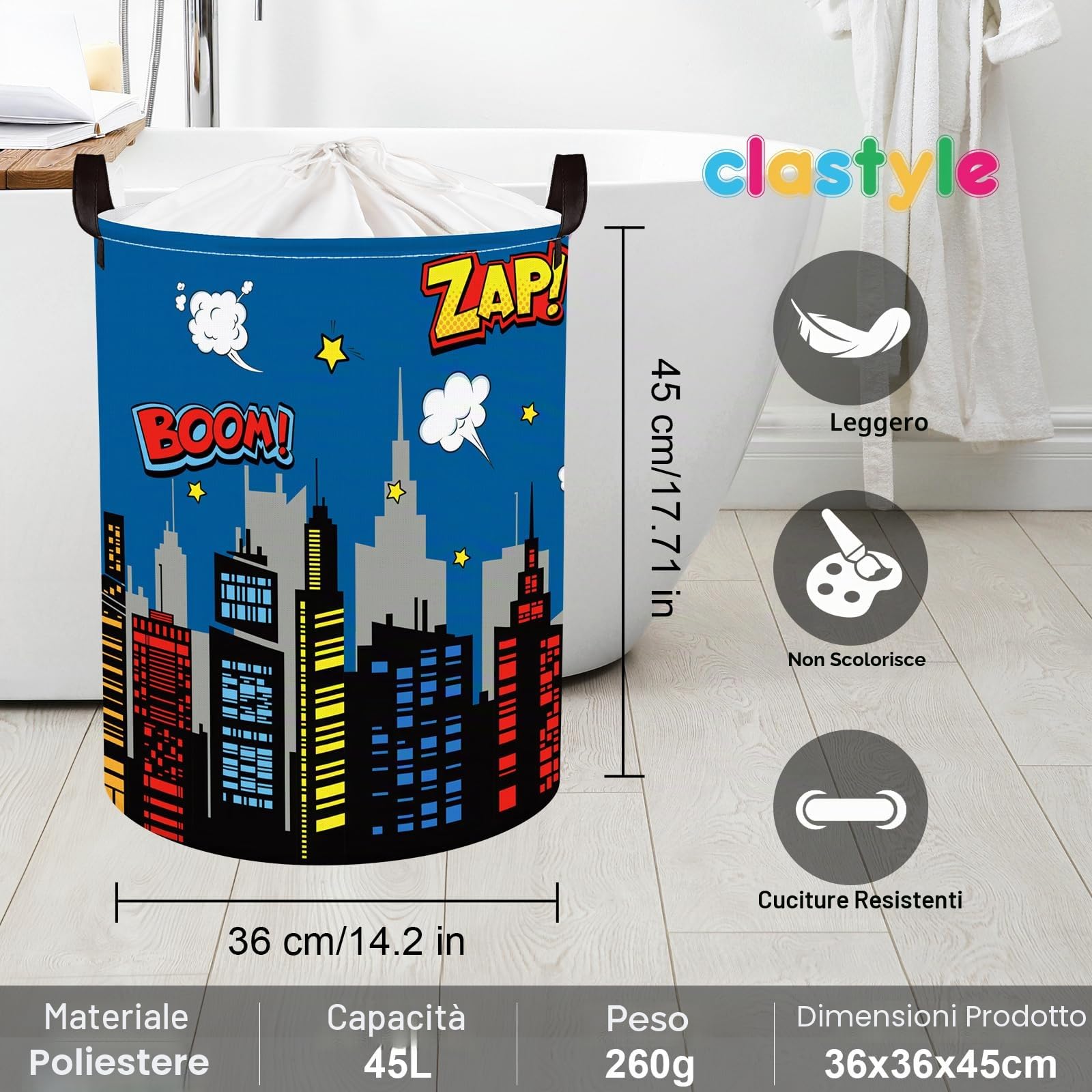 Clastyle Ceste Biancheria Bambini Città Skyline Blu con Coperchio per Ragazzo Ragazza Cestino Portaoggetti Giocattoli Pieghevole Vestiti Giocattolo con Manici per Bagno Cameretta, Skyline, 36x45 cm