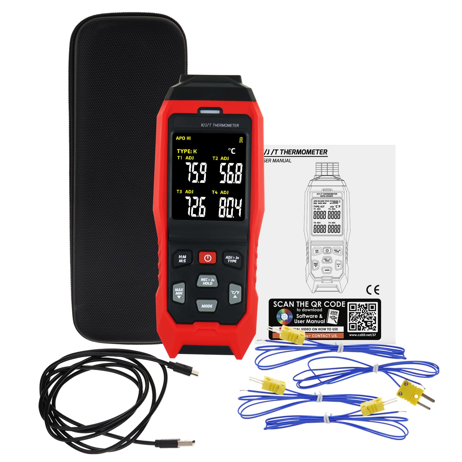 Termómetro digital de termopar de 4 canales tipo K/J, registrador de datos de temperatura con 5000 grupos de registros, alarma audible, apagado automático, rango de -200.0 °C a 1,371.7 °C, herramienta