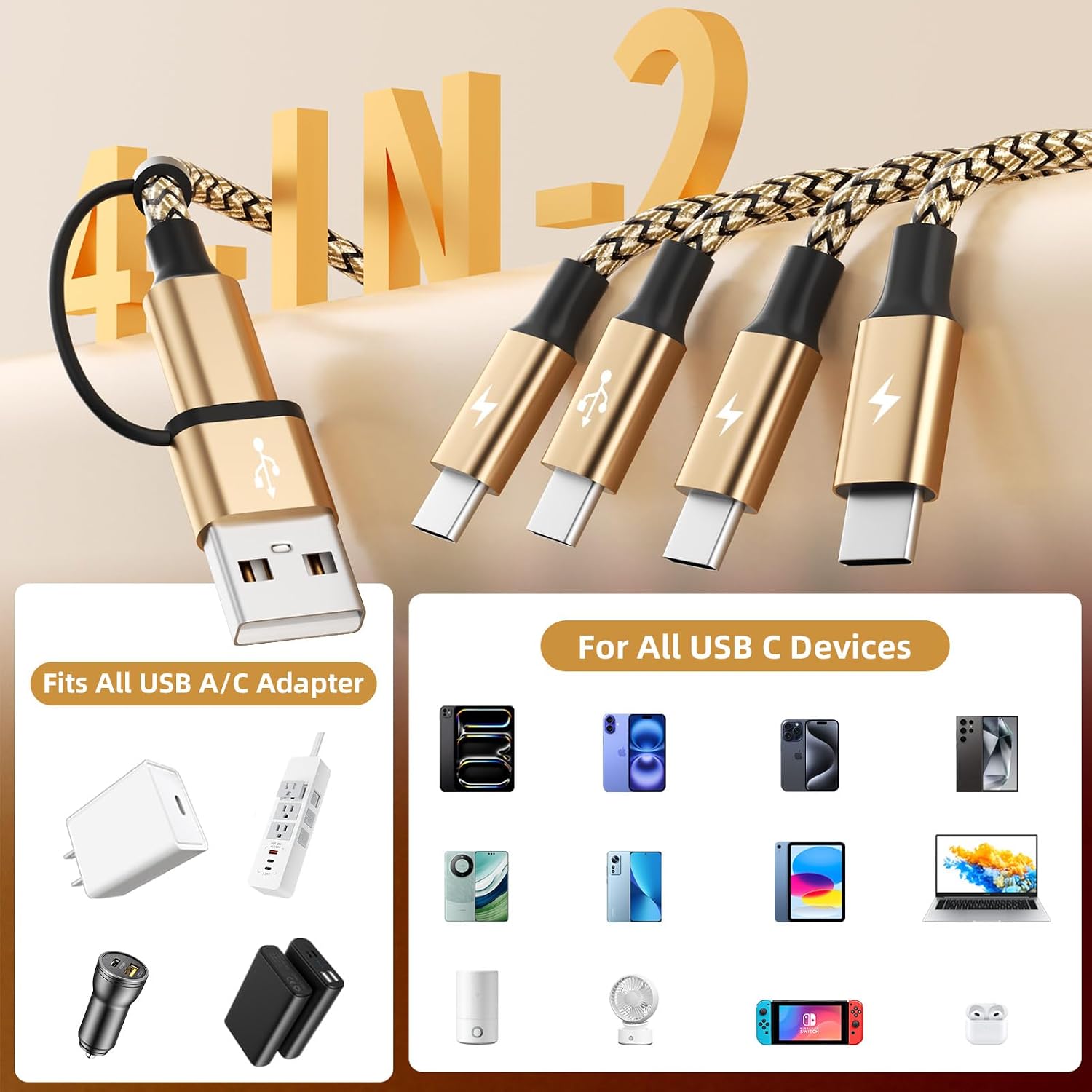 Travel 4 in 2 USB C Charging Cords,Universal Charging Cable for All Devices image 2