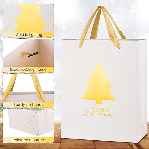 Miniatura 5 de 12 bolsas de regalo doradas de papel de aluminio de Navidad, 4 diseños, perfectas para Navidad, Acción de Gracias, Año Nuevo, impresiones blancas de