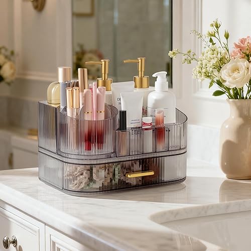 Miniatura 3 de Delamu Organizador de maquillaje para tocador con cajones apilables, soporte giratorio de 360º para brochas de maquillaje, vitrina grande de