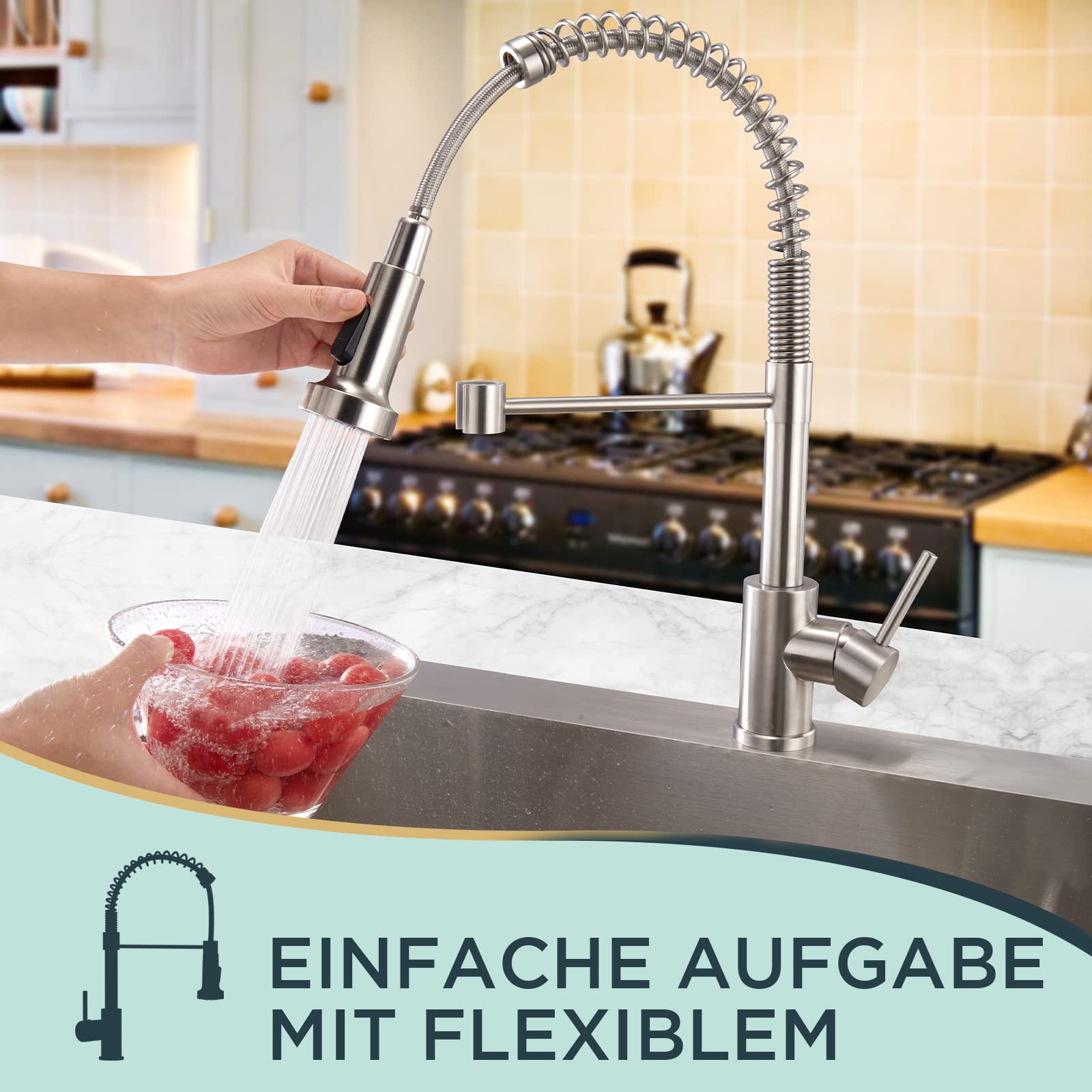 FORIOUS Wasserhahn Küche, Hoher Bogen Hochdruck Küchenarmatur mit Herunterziehen Brause Armatur, Mischbatterie Spültischarmatur Küchenarmaturen, 360° Schwenkbar Zwei Sprühfunktionen, Edelstahl