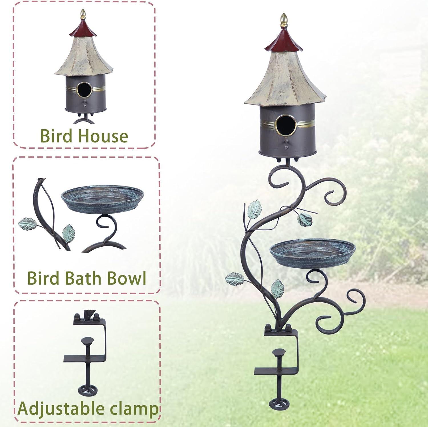 HLQMFHT Deck Bird Bath, Metal Bird Bath and Bird Houses, Decorative Deck Mounted Bird Bath, Detachable and Adjustable Sturdy Deck Bird Bath for Outdoor Porch Yard Garden Decoration
