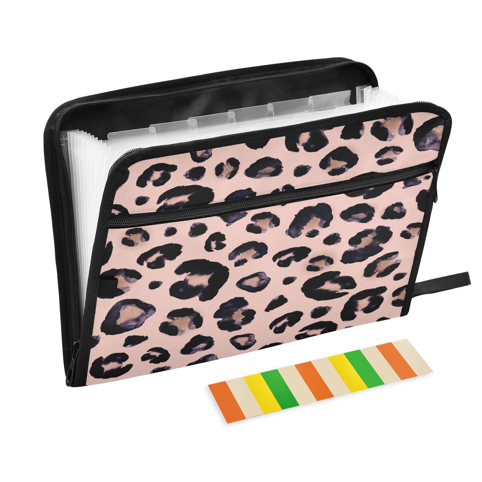 Leopard Print Cheetah Pink File Organizer 13 Pocket Expanding File Folder with Front Pouch Portable Business Fire Storage Document Organizer Folder with Zipper