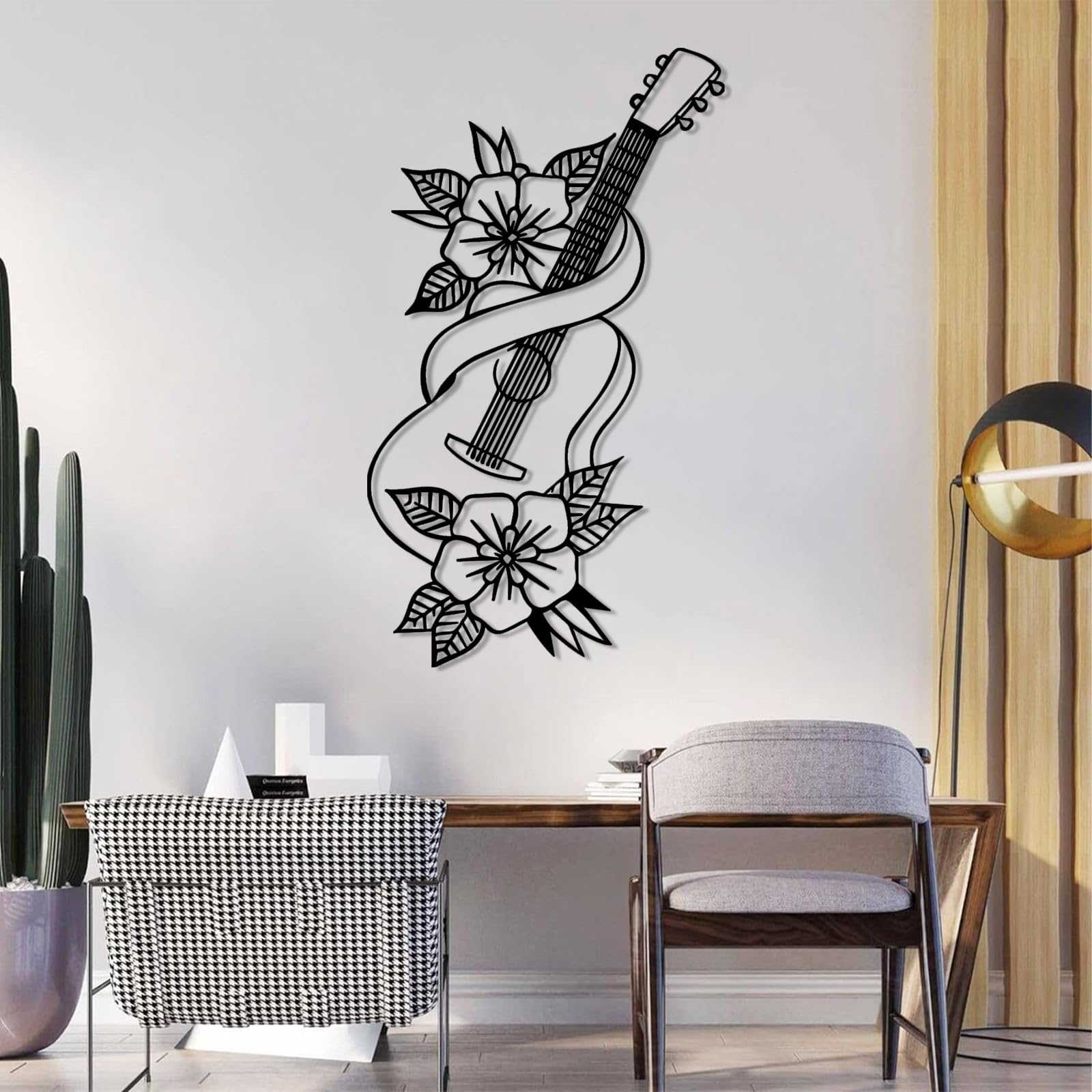 Współczesna abstrakcyjna metalowa dekoracja ścienna sztuka gitarowa, minimalistyczne kwiatowe powieszenia, dekoracja liniowa, prezenty dla miłośników muzyki, dom (35 x 60 cm, złoty)