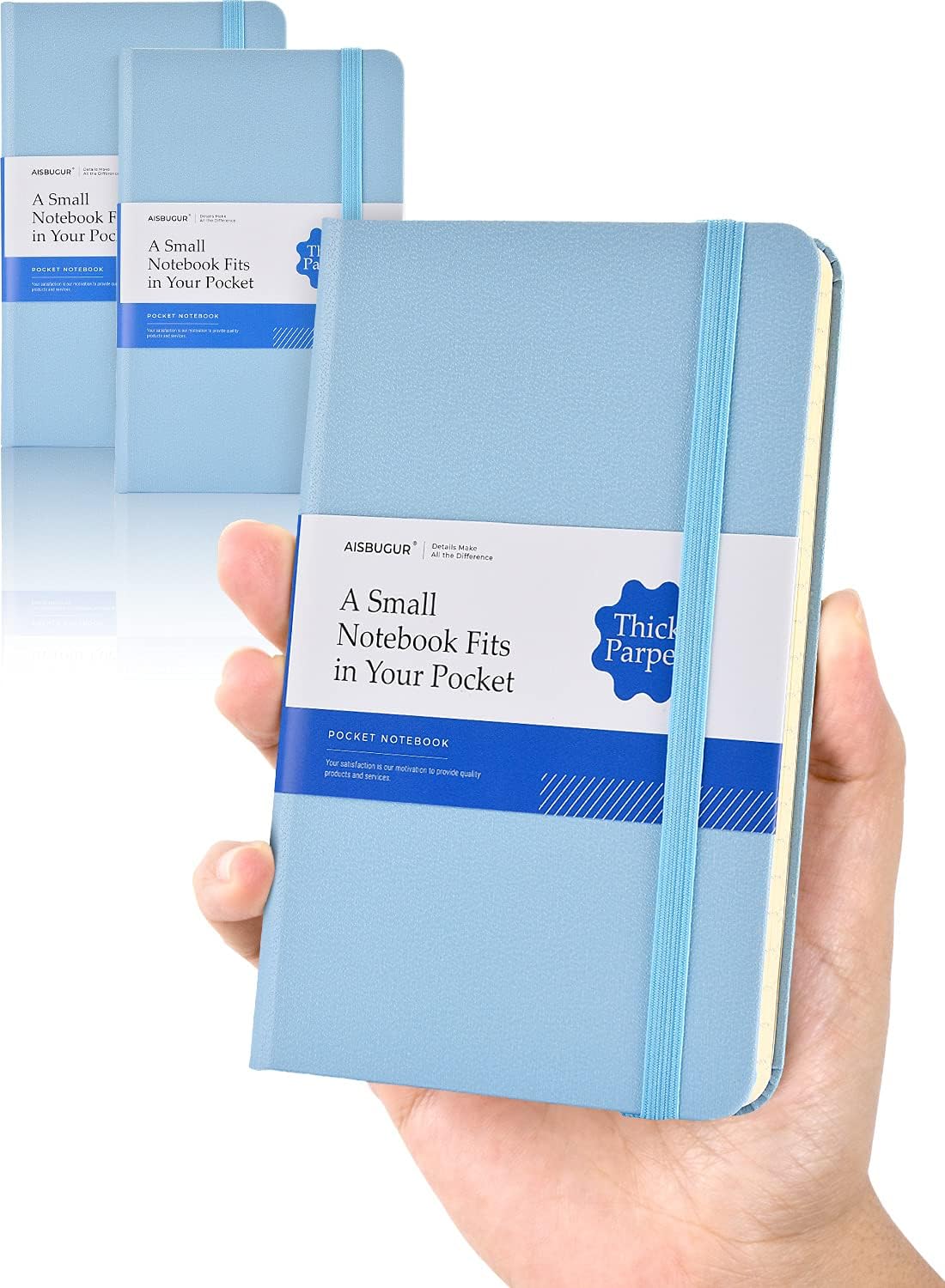 AISBUGUR 2 Pack Pocket Notebook Small Notebook 3.5" x 5.5" Thick Lined Paper with Inner Pockets，Marker Ribbons Mini Journal Notepad Sky Blue Leather