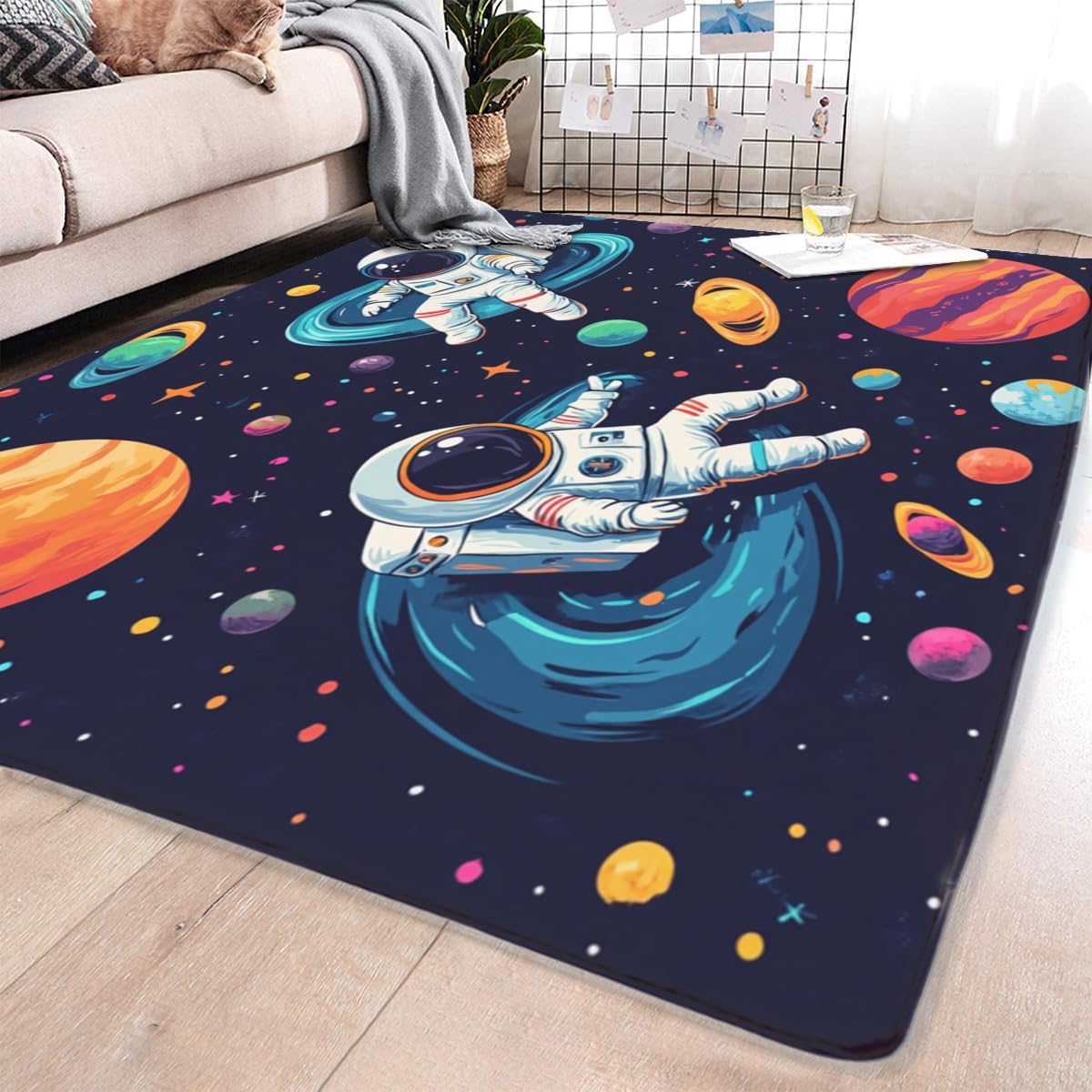 Solar System Astronaut Rug - Two Astronauts Rug in Galaxy Planet Space, Suitable for Children Boys Bedroom Living Room Game Room Home Decor Cartoon Rug Dark Blue Machine Washable 40x60inch