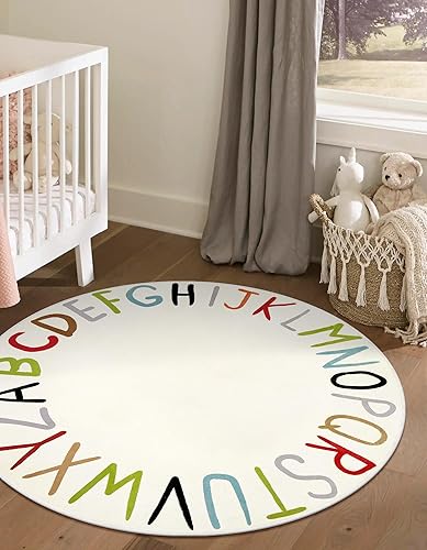 Miniatura 7 de LIVEBOX Alfombra redonda colorida para niños, alfombra de arcoíris ABC para sala de juegos, alfombra circular pequeña para aula, alfombra lavable
