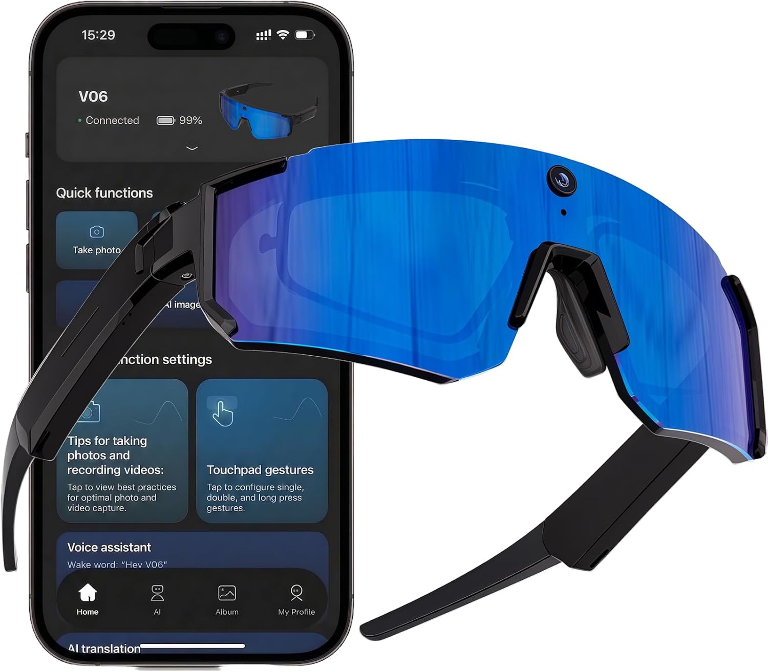 Sport AI Smart Sunglasses with 4K POV Camera — Audio & Video, Real-Time Translation, AI Voice Assistant, Internal Storage, Unisex for Cycling & Outdoor Sports (Black/Ice Blue)