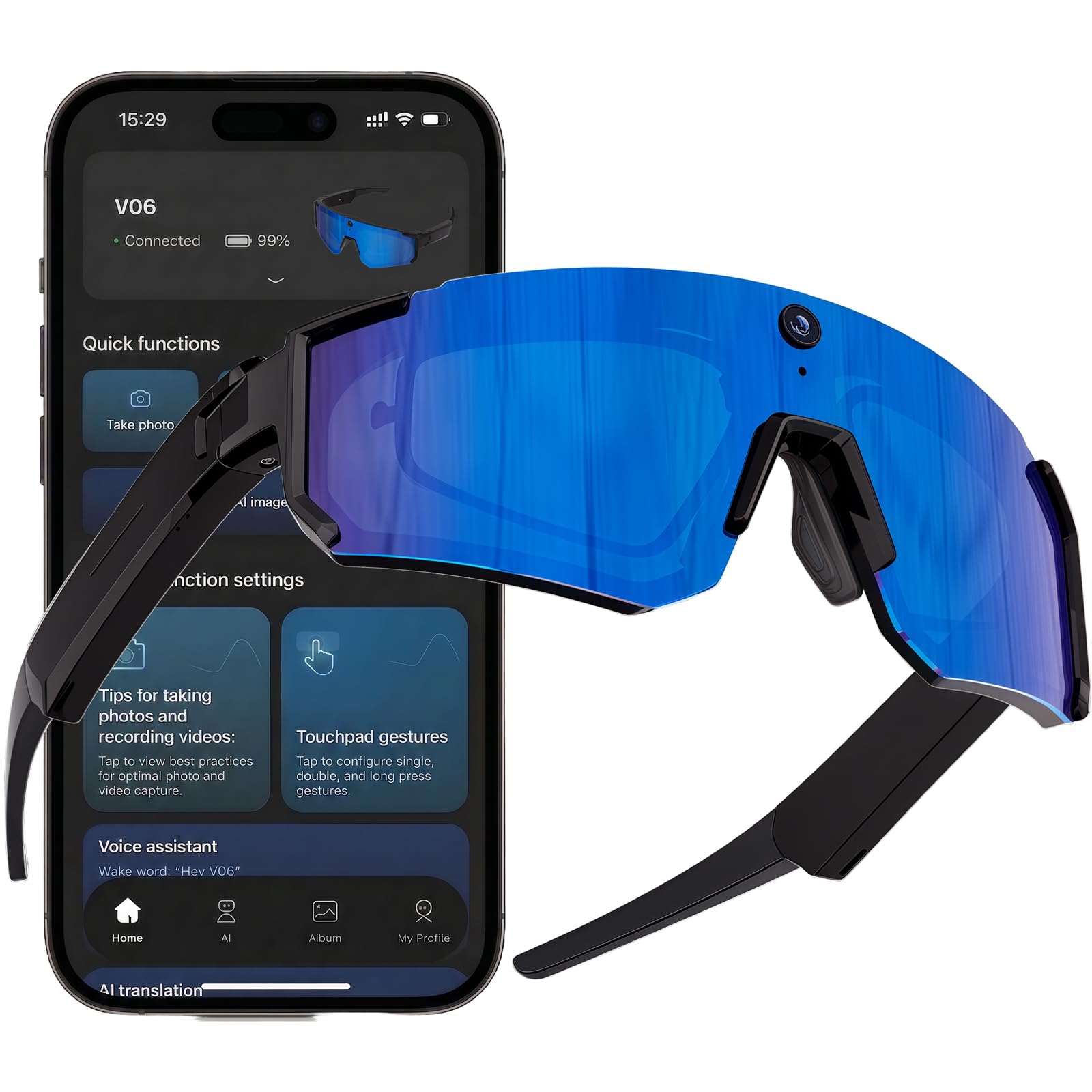 Sport AI Smart Sunglasses with 4K POV Camera — Audio & Video, Real-Time Translation, ChatGPT Voice Assistant, Internal Storage, Unisex for Cycling & Outdoor Sports (Black/Color Lens)-image-20