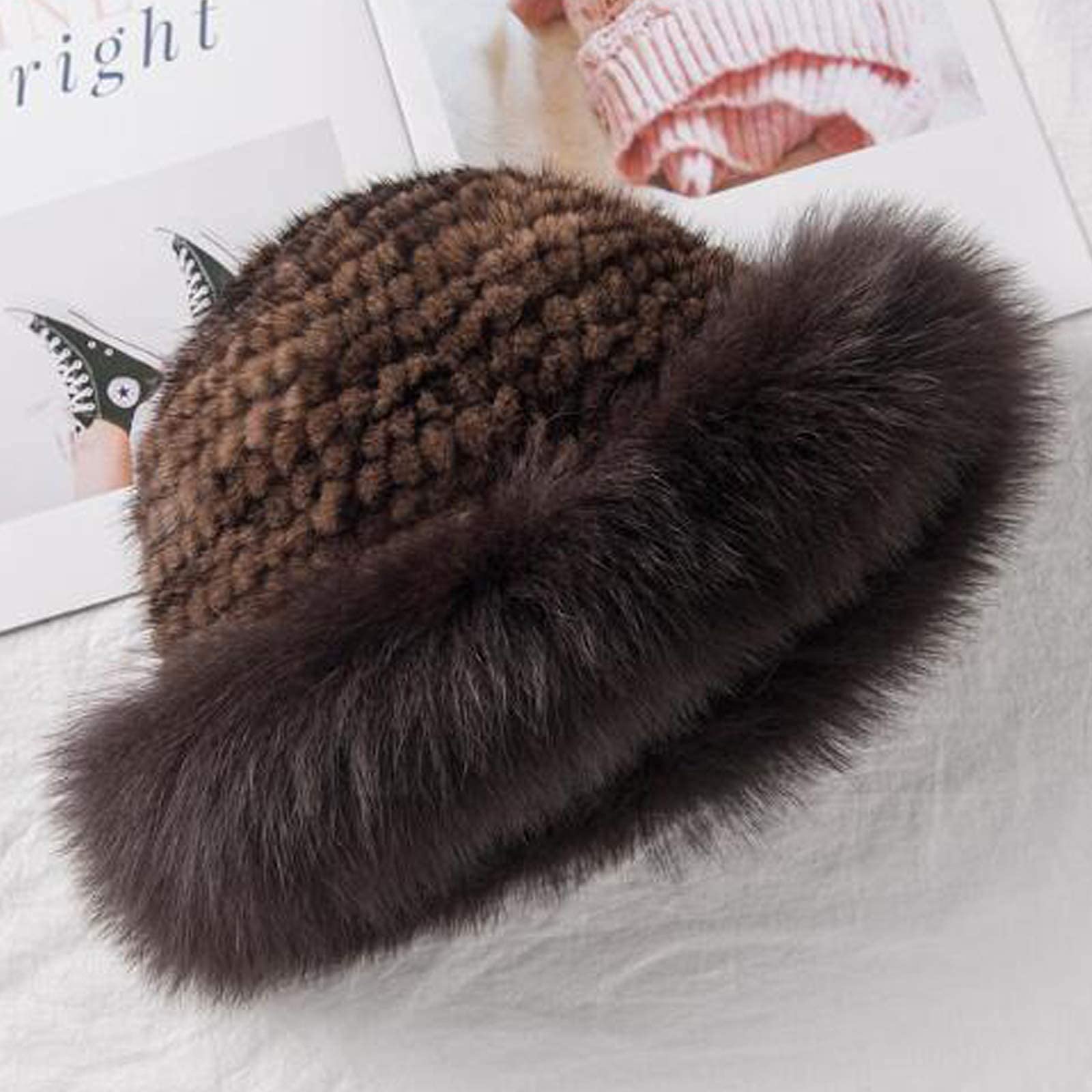 YXCFEWD Mink Hat Real Fur Hat Knit Furry Womens Russian Hat Fur Hat for Women with Elastic