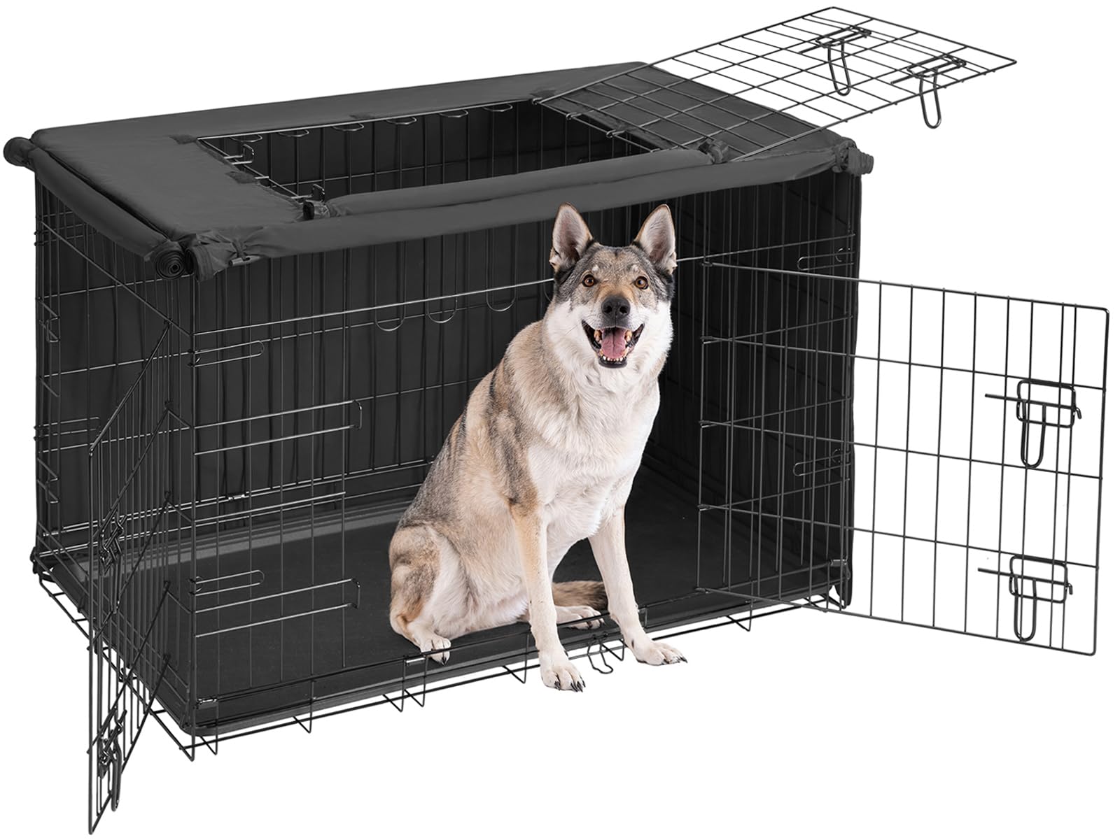 Veehoo 42 inch Dog Crate for Large Dogs with Three Doors & Cover-Metal Wire Dog Cage Kennels & Houses for Puppy&Cat, Indoor Outdoor Collapsible Metal Contour Dog Crate Kennels Kit with Removable Tray