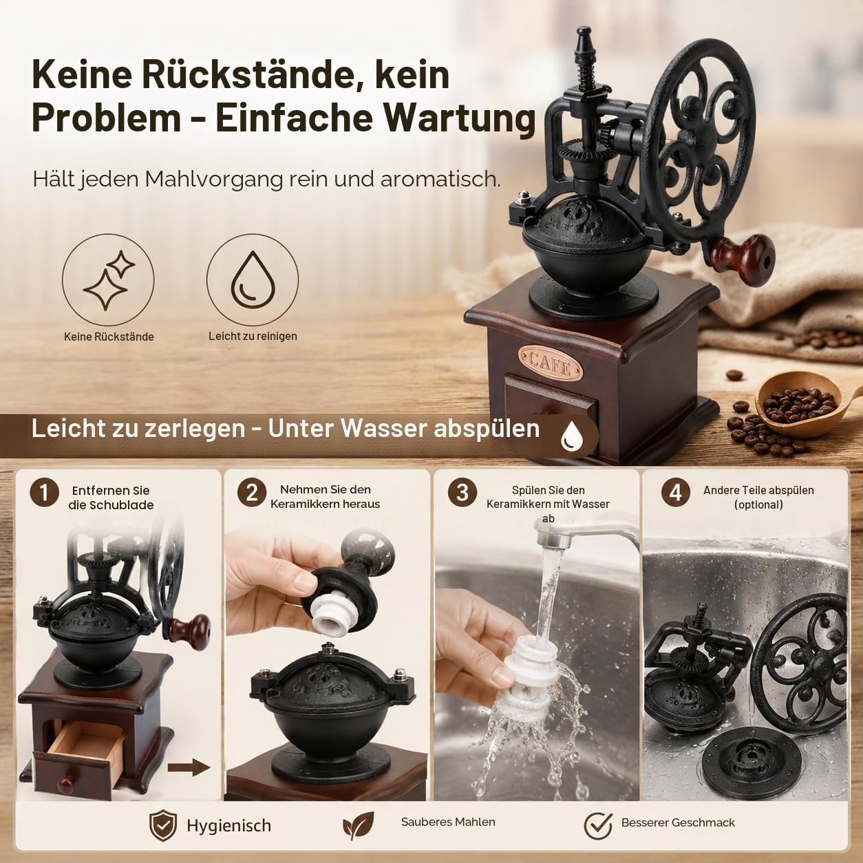 Zerodis Manuelle Kaffeemühle, Retro-Stil, Handkurbel, Holz, Keramik, Gusseisen, Mühle für Kaffeebohnen, Gewürze, Pfeffer, Getreide, Vintage-Dekoration