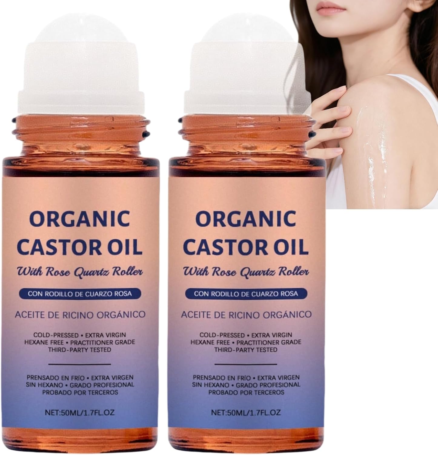 Organiczny olej rycynowy z kulką różowego kwarcu - Czysty organiczny olej rycynowy tłoczony na zimno, kulka do wzrostu włosów - Nawilżające serum do twarzy i oczu - Szklana butelka (2 szt.)