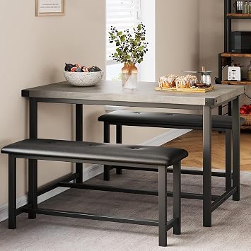 Dining Table Set for 4 with 2 Upholstered Benches, 3 Piece Rectangular Kitchen Table Set with MDF Board & Metal Frames, Space-Saving Kitchen Dinette Tables and Chairs Sets for Apartment, Retro Gray