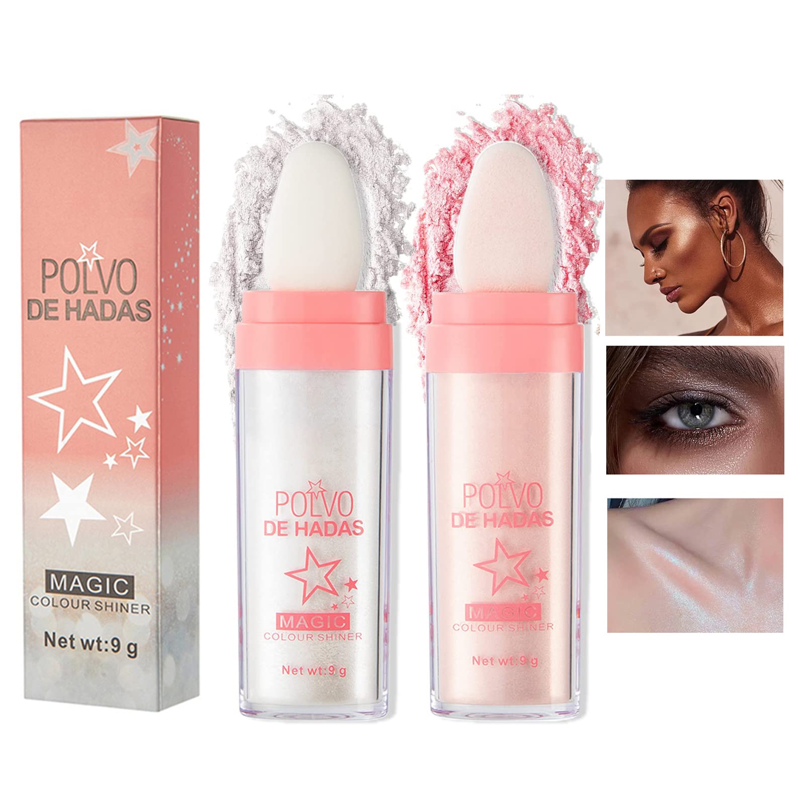 Ofanyia 2 Pcs Polvo De Hadas Highlighter Powder Stick, Shimmer Body Face Highlighter Powder, Body Glitter Powder Stick, Sparkle Patting Powder Makeup