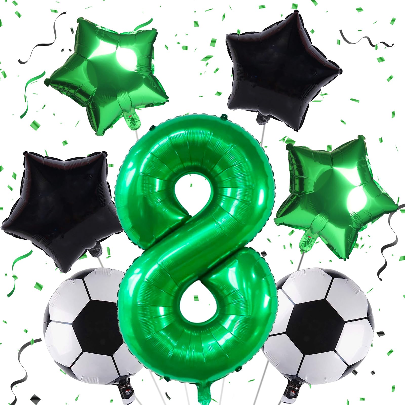 Soccer Balloons 8th Birthday Decoration for Boys, Kids Soccer Birthday Party Supplies with Championship Trophy Balloon, Number 8 Foil Black Green Sports Theme Party Decor