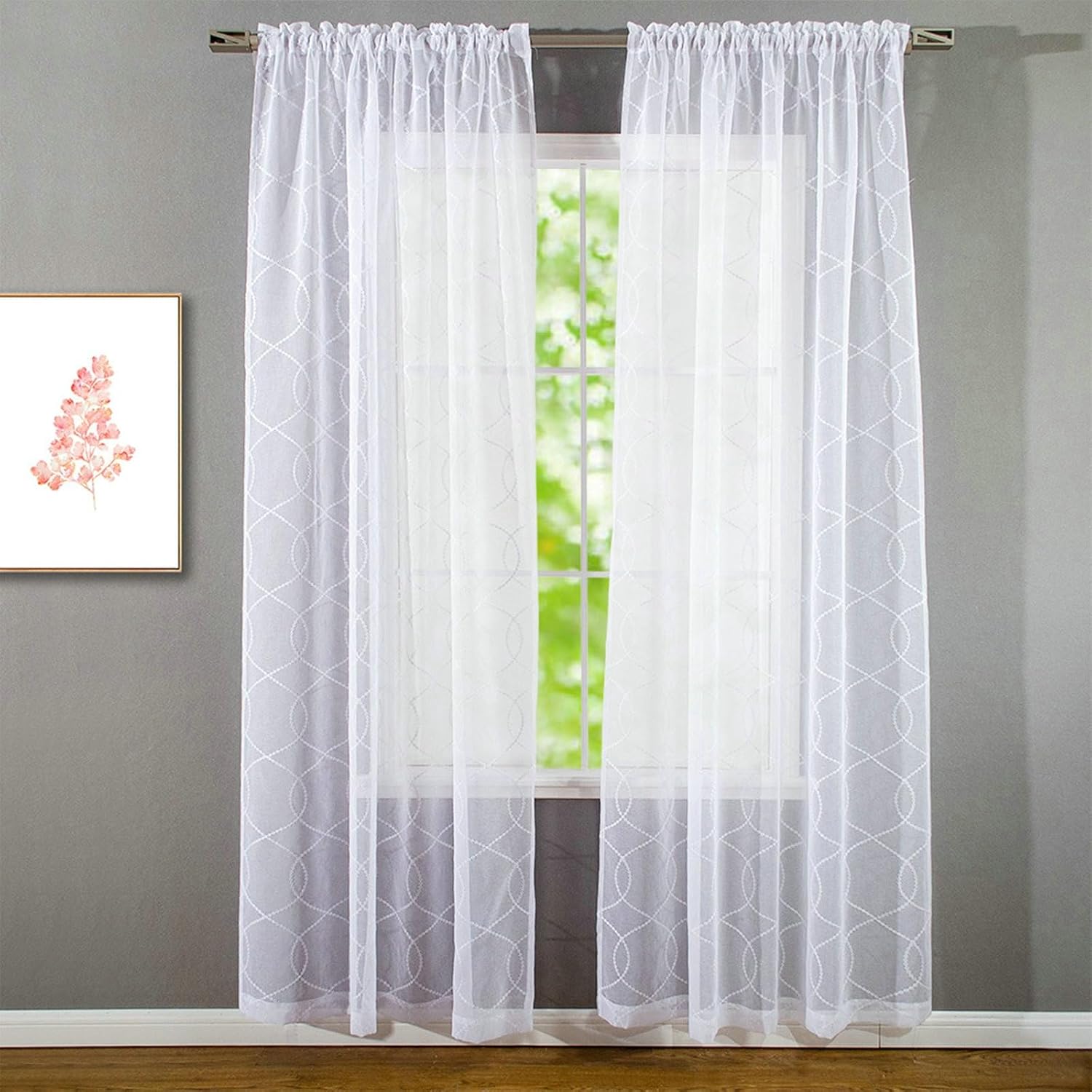 Daesar Window Curtains 2 Panel Sets, Polyester Grommet Transparent Curtains 52" W x 84" H Drapes Solid Color Geometric Embroidered Curve Lines White Tulle Curtains for Bedroom Living Room