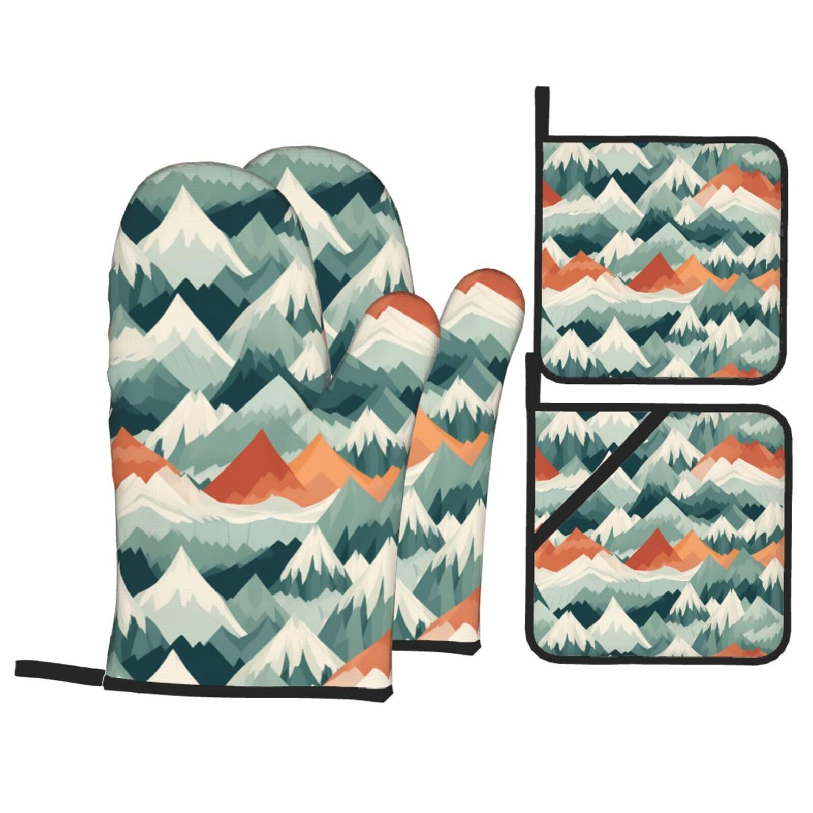 HJFCZH Rolling Mountains Picture Kitchen Baking Set of 4 Thick Insulated Oven Mitt & Pot Holders, Anti-Scalding for Microwave, Oven, Outdoor BBQ