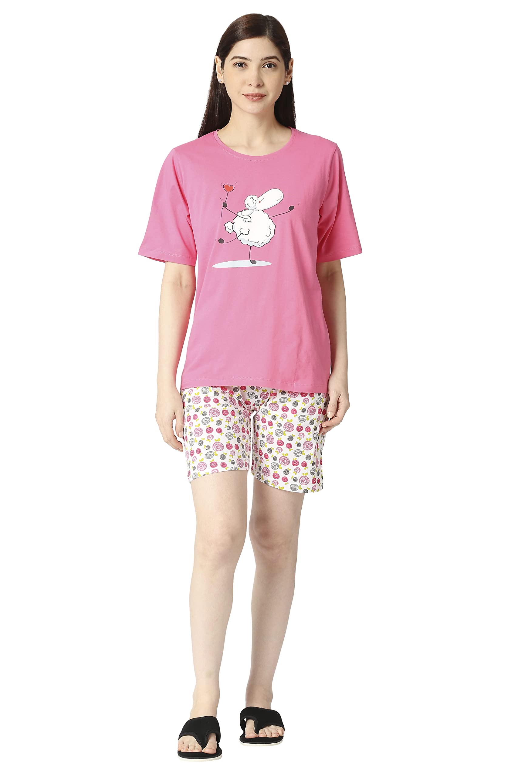zebu Women's Cotton Half Sleeve TShirt & Printed Shorts Night Suit Set (Pack of One)-picture-12