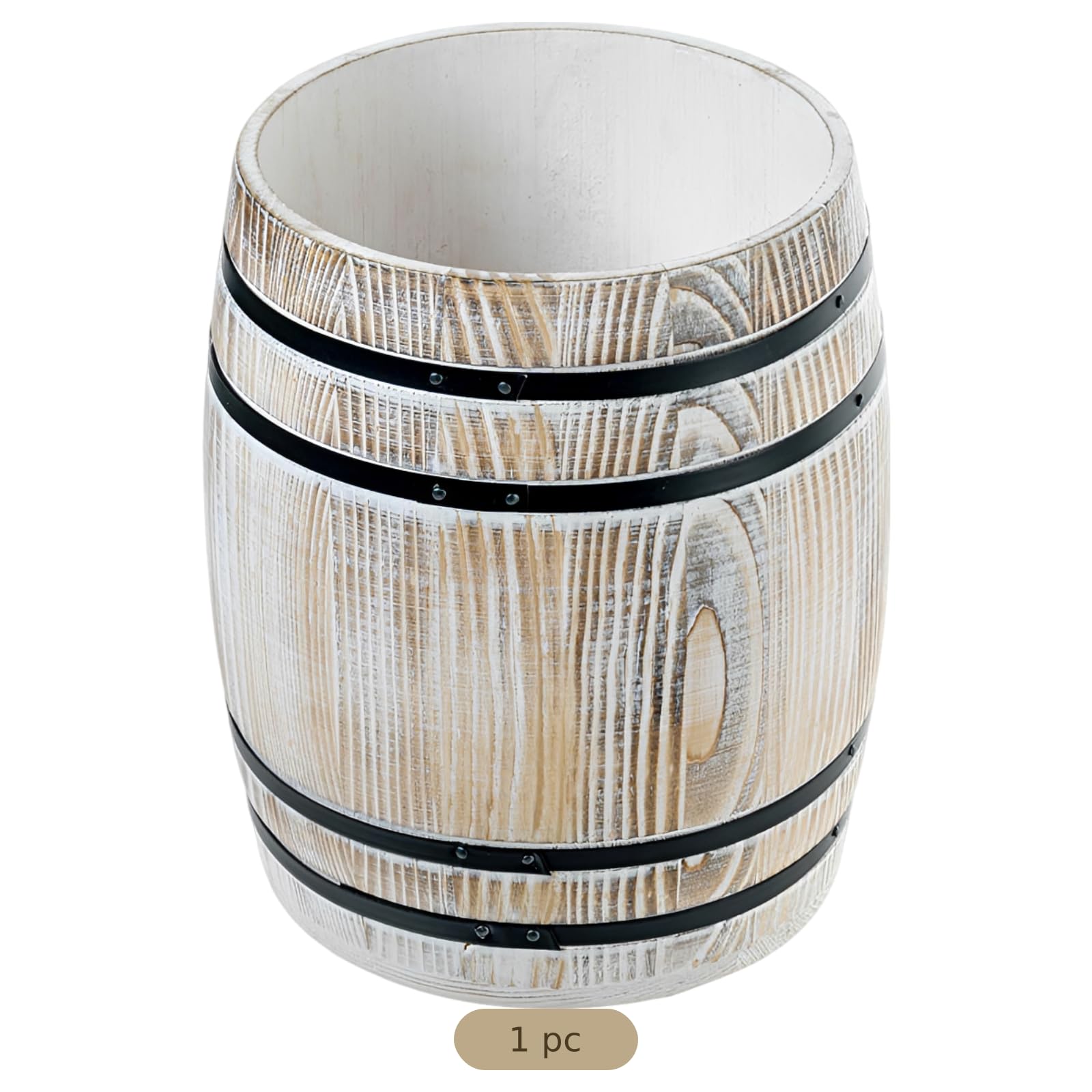Besteckhalter aus weiß gekalktem Holz, Vintage-Weinkübel-Design, rustikaler Besteckständer für Küchenarbeitsplatten, massiver Holzorganizer im Landhausstil mit schwarzen Metallreifen
