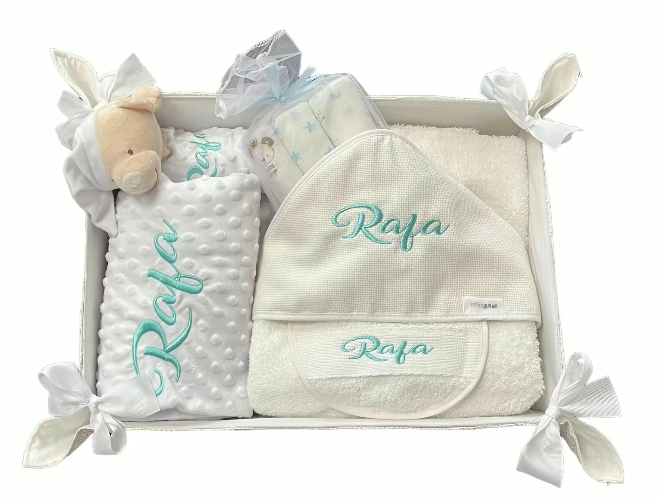 Danielstore Canastilla Bebé Personalizada Cesta Regalo Incluye Manta + Dou Dou + Pack Gasas + Toalla Baño Bebé + Babero Personalizado Regalo para Recién Nacidos(blanco)