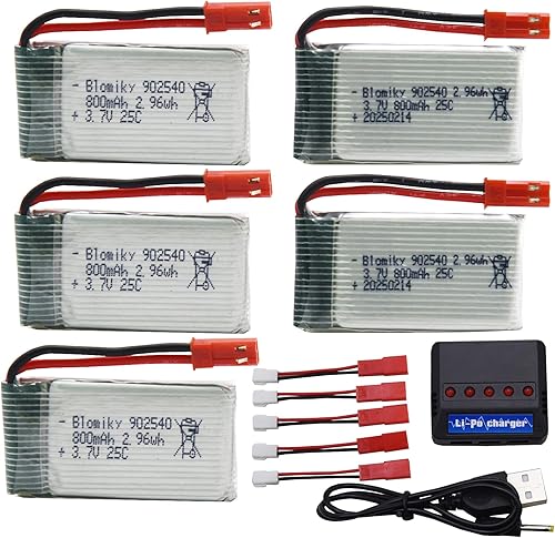 Blomiky Paquete de 5 baterías recargables de 3.7 V 800 mAh 25C Li-po JST y cargador de asiento 4 en 1 apto para MJX X300C X400W X600 X800 RC