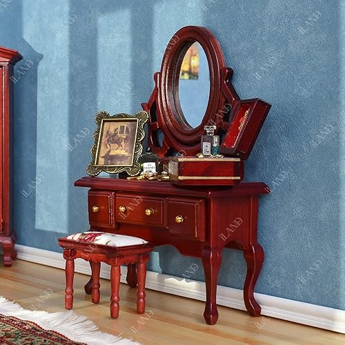 Miniatura 4 de iLAND Muebles de madera para casa de muñecas a escala 1/12, muebles de dormitorio de casa de muñecas en color caoba, incl casa de muñecas, cama