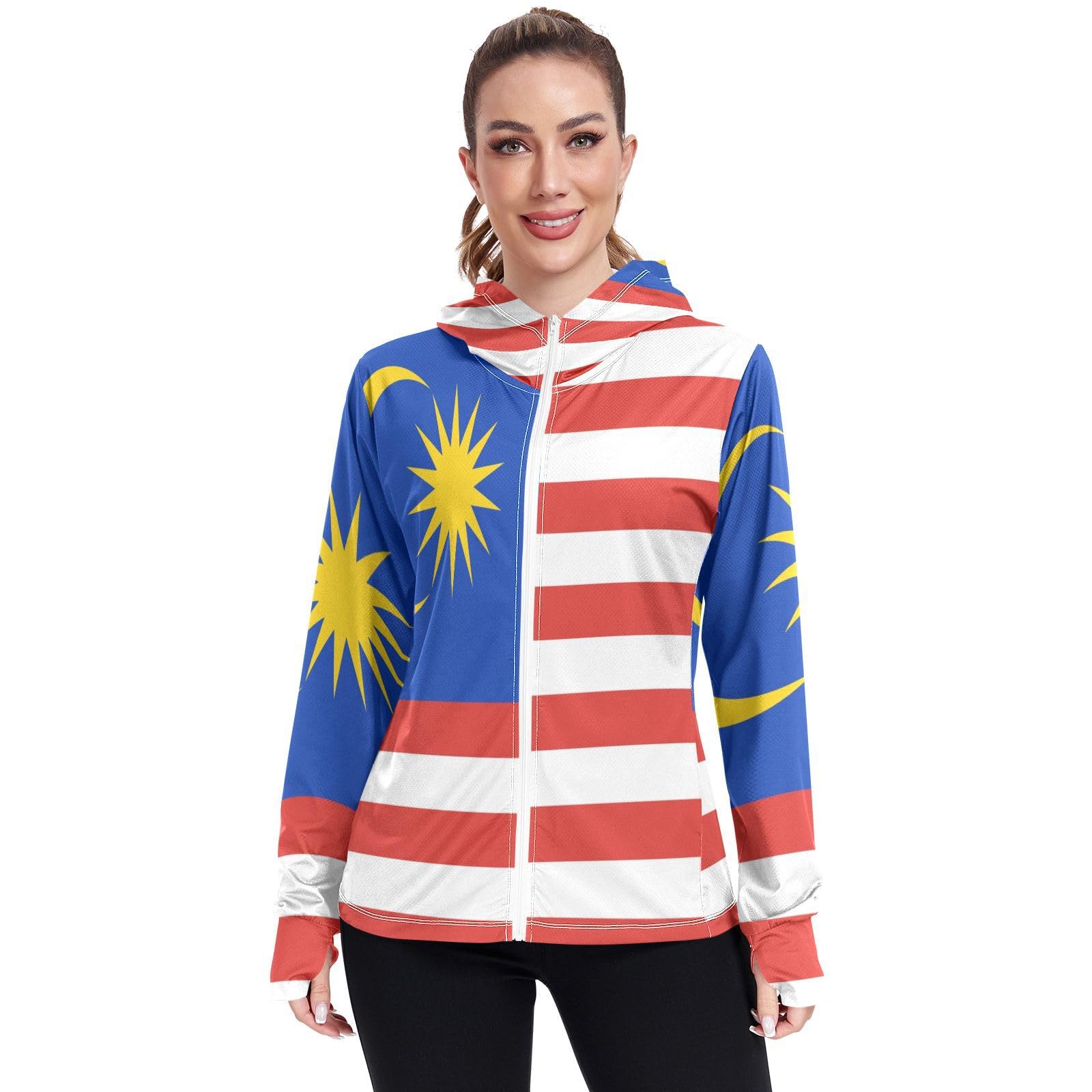 Malaysia Flag Womens UPF 50+ Sun Protection Hoodie Jacket Lightweight Long Sleeve Sun Shirt with Pocket Multicoloured