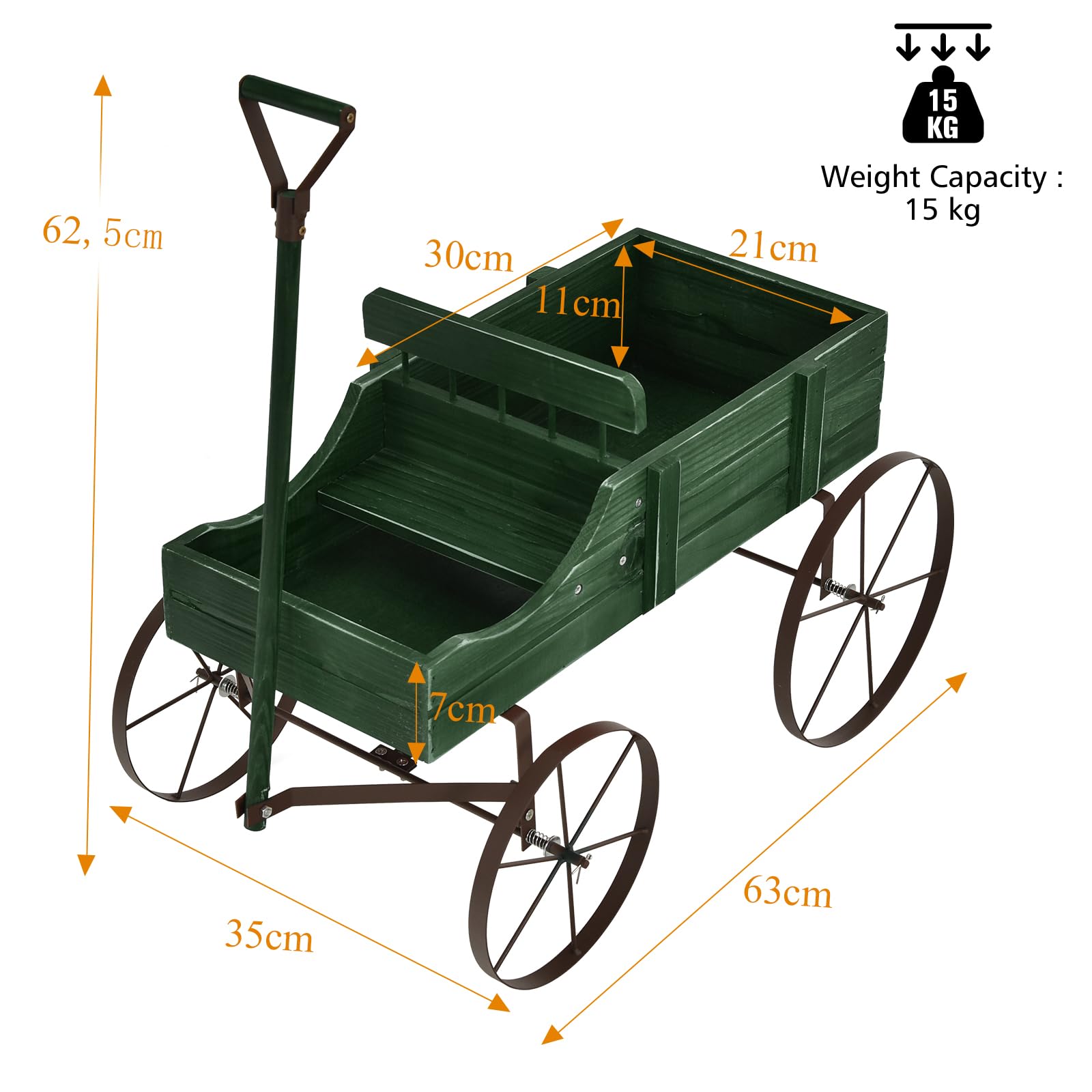 HOMASIS Carriola da Giardino in Legno, Carretto per Piante con Ruote Metalliche e 2 Scomparti, Vaso a Forma di Monociclo Decorativo per Giardino, Terrazza, Patio, 63x35x62,5cm (Verde)