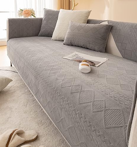 vctops Funda de sofá de felpa geométrica bohemia con patrón de diamante, funda de sofá seccional peluda, funda antideslizante para sofá