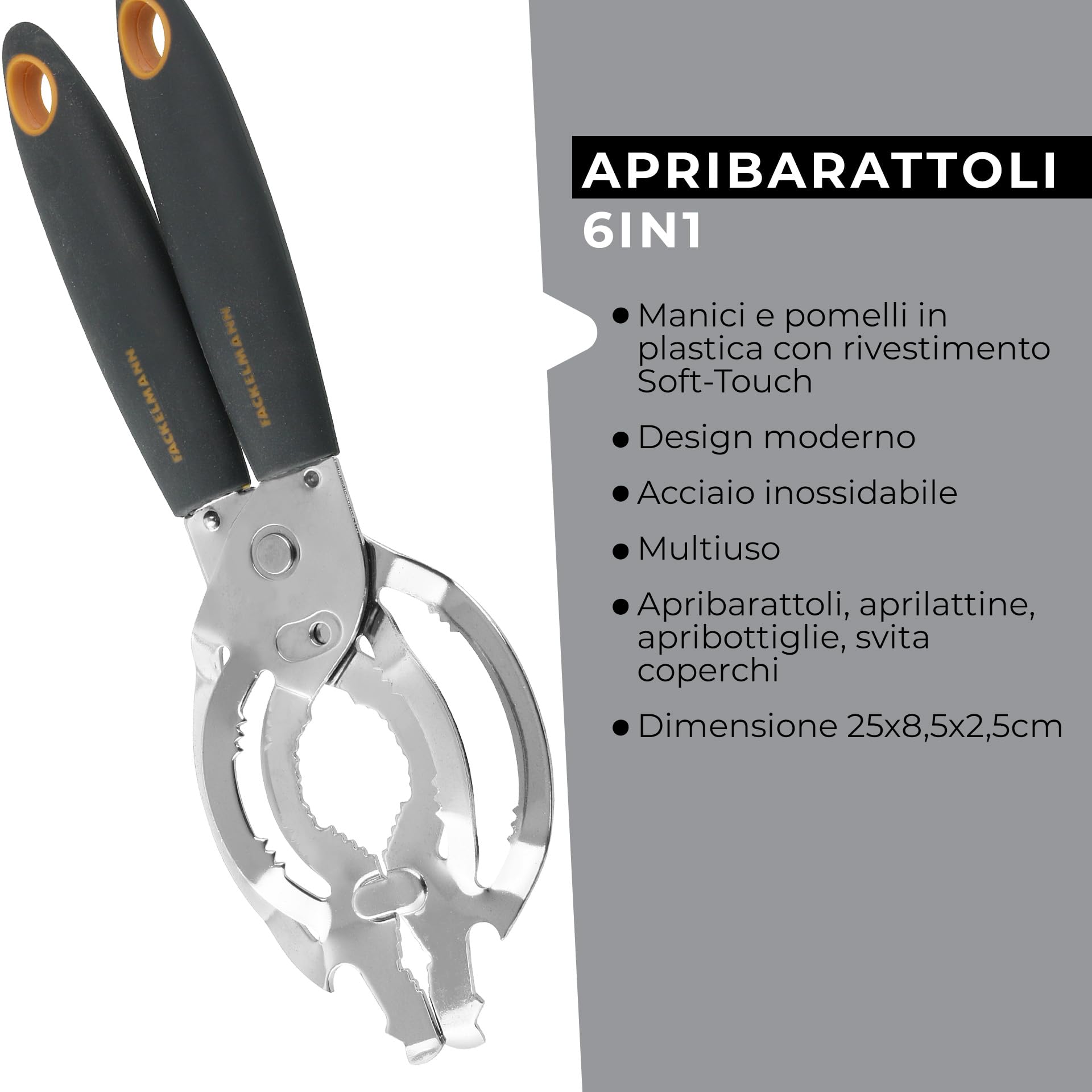Fackelmann Linea Apribarattoli Svitacoperchi w Stali Nierdzewnej z Miękkim Uchwytem 24,5x2,5x8,5 cm Czarny Pomarańczowy Srebrny