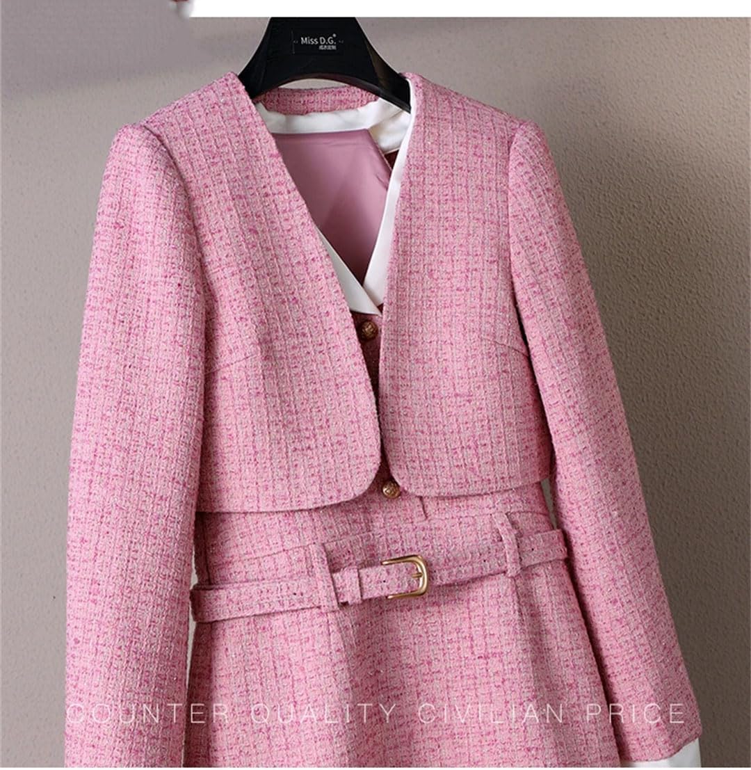 Women's Sweet Long Sleeve Short Jacket Slim High Waist Sleeveless Dress Elegant Commuter Two-Piece Set